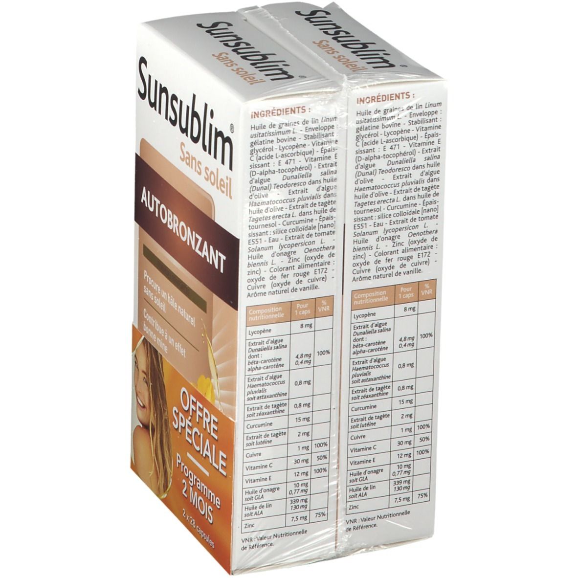 Dos de la boîte Sunsublim Autobronzant. Ingrédients et informations nutritionnelles.