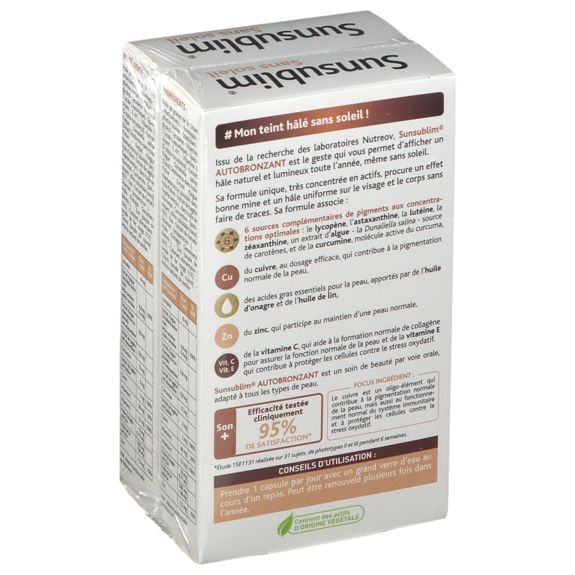 Dos de la boîte Sunsublim Autobronzant. Texte sur le produit et conseils d'utilisation.