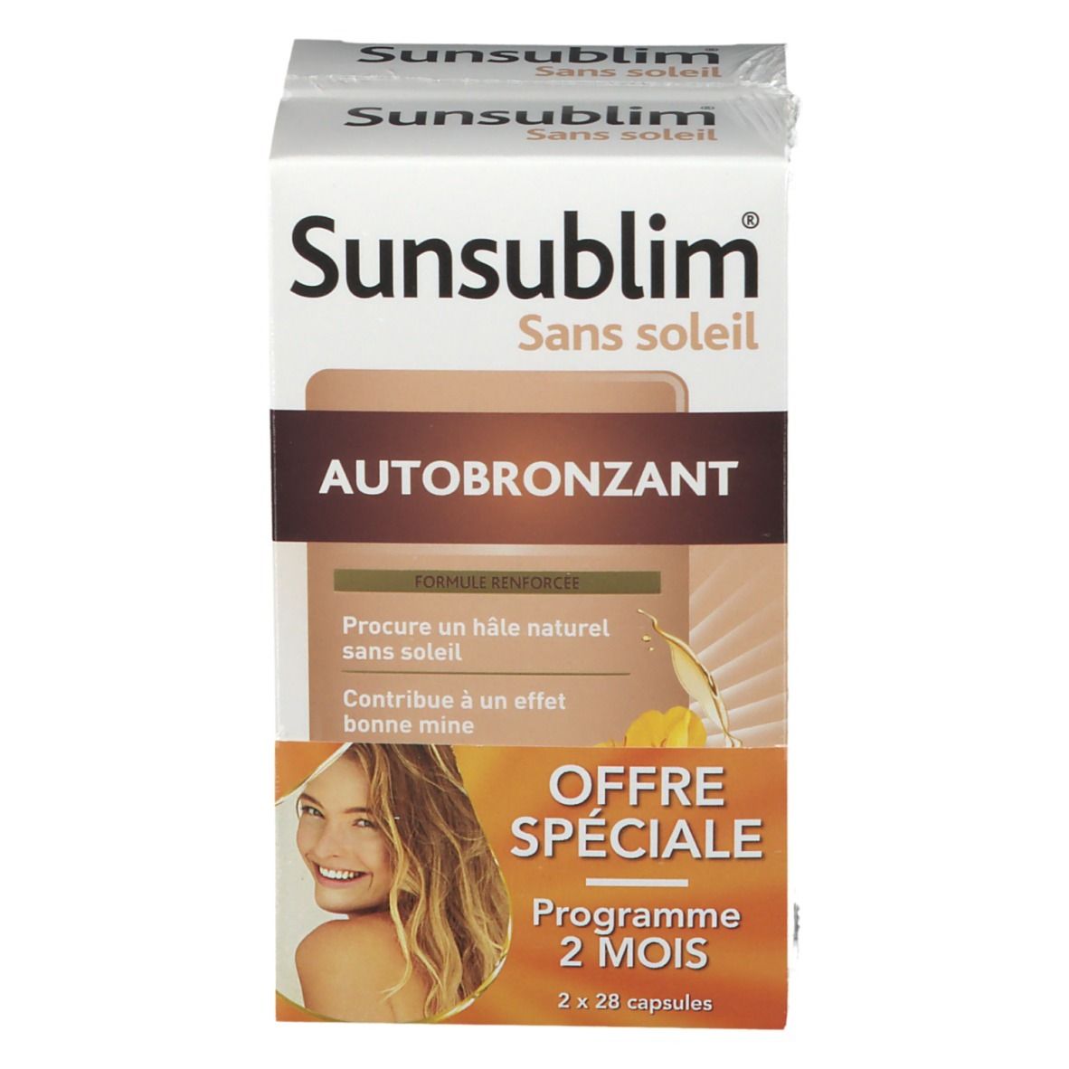 Vue de face de la boîte Sunsublim Autobronzant. Contient 2x28 capsules. Inscription : "Sans soleil".