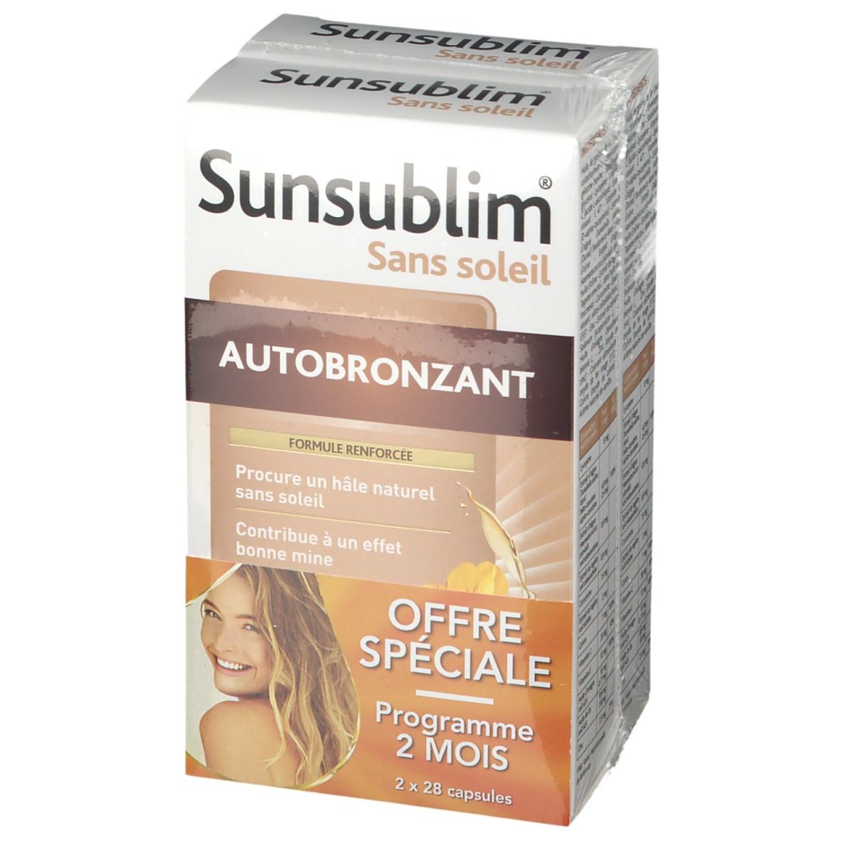 Plusieurs boîtes Sunsublim Autobronzant. Contient 2x28 capsules. Inscription : "Sans soleil".