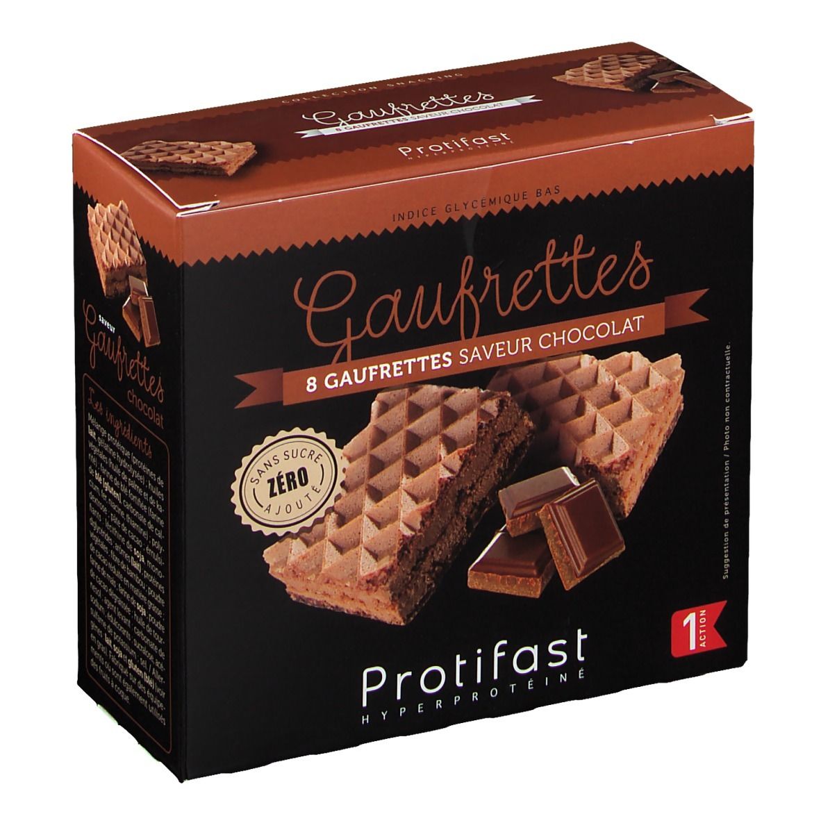 Boîte de gaufrettes chocolat Protifast, 8 gaufrettes, sans sucre ajouté.