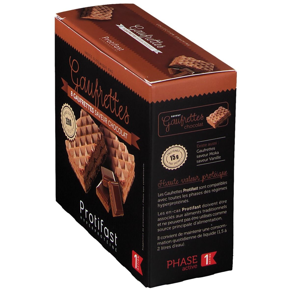 Arrière de la boîte de gaufrettes chocolat Protifast avec informations nutritionnelles et phase.
