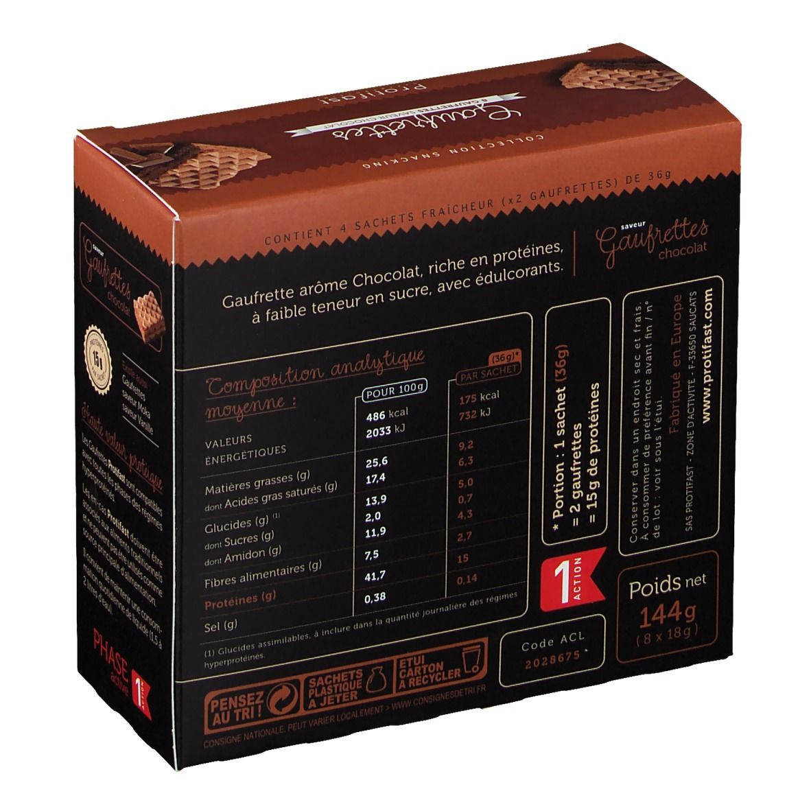 Vue latérale de la boîte de gaufrettes chocolat Protifast avec tableau nutritionnel détaillé.