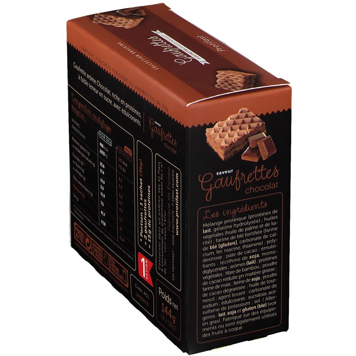 Vue latérale de la boîte de gaufrettes chocolat Protifast avec liste des ingrédients.