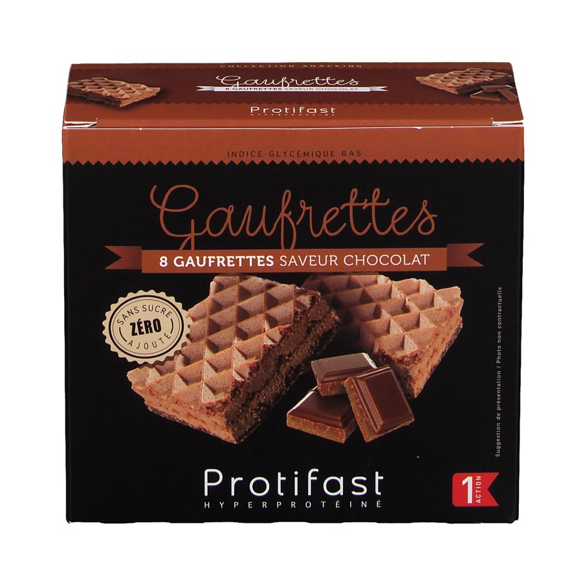 Boîte de gaufrettes chocolat Protifast, 8 gaufrettes, sans sucre ajouté.