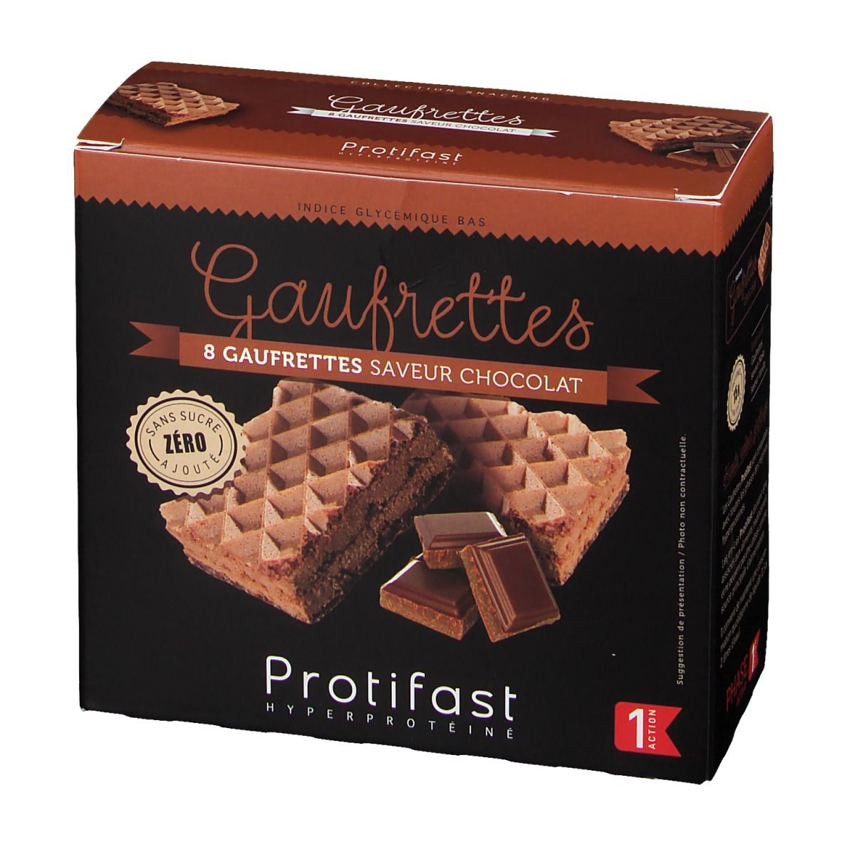 Boîte de gaufrettes chocolat Protifast, 8 gaufrettes, sans sucre ajouté.