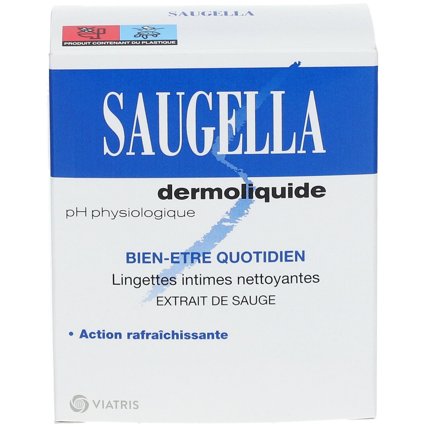 Boîte blanche et bleue. Inscription SAUGELLA dermoliquide. pH physiologique. Bien-être quotidien. Lingettes intimes nettoyantes. Extrait de sauge.