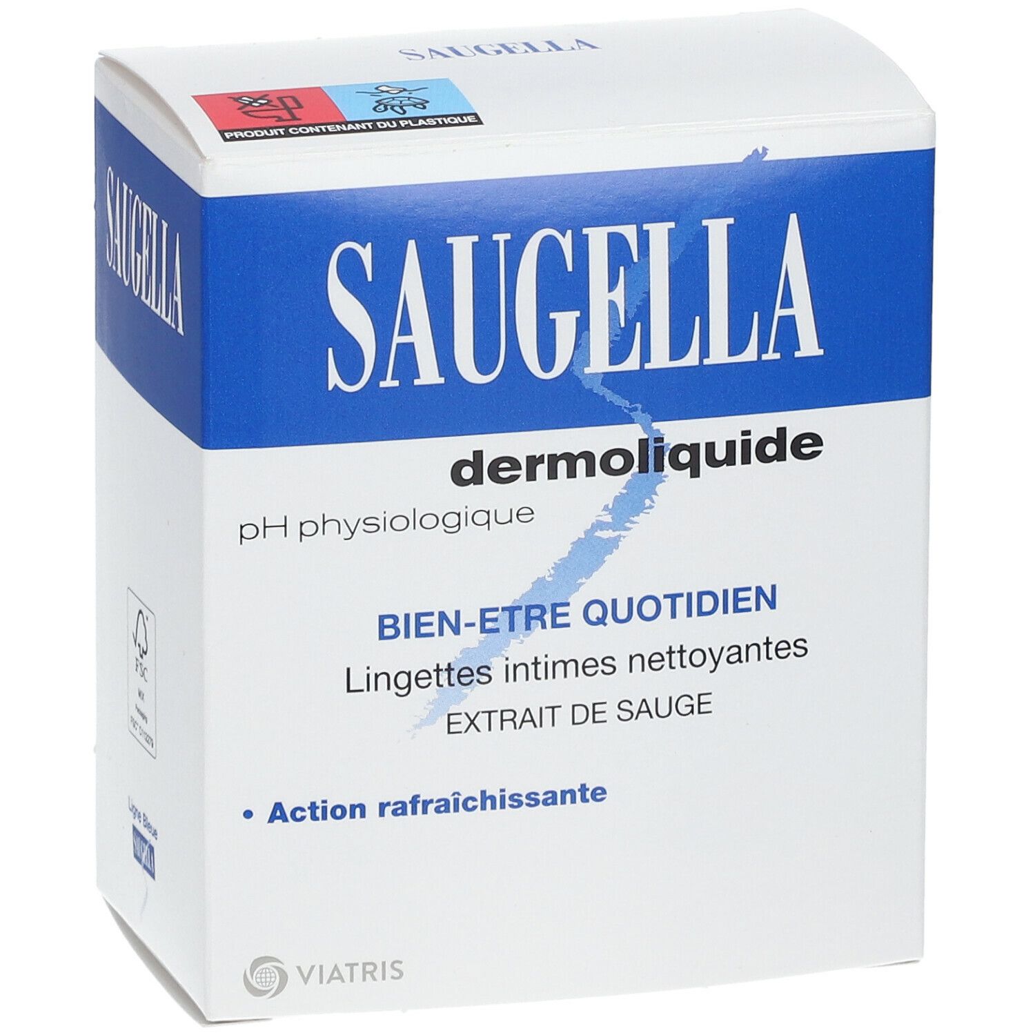 Boîte blanche et bleue. Inscription SAUGELLA dermoliquide. pH physiologique. Bien-être quotidien. Lingettes intimes nettoyantes. Extrait de sauge.