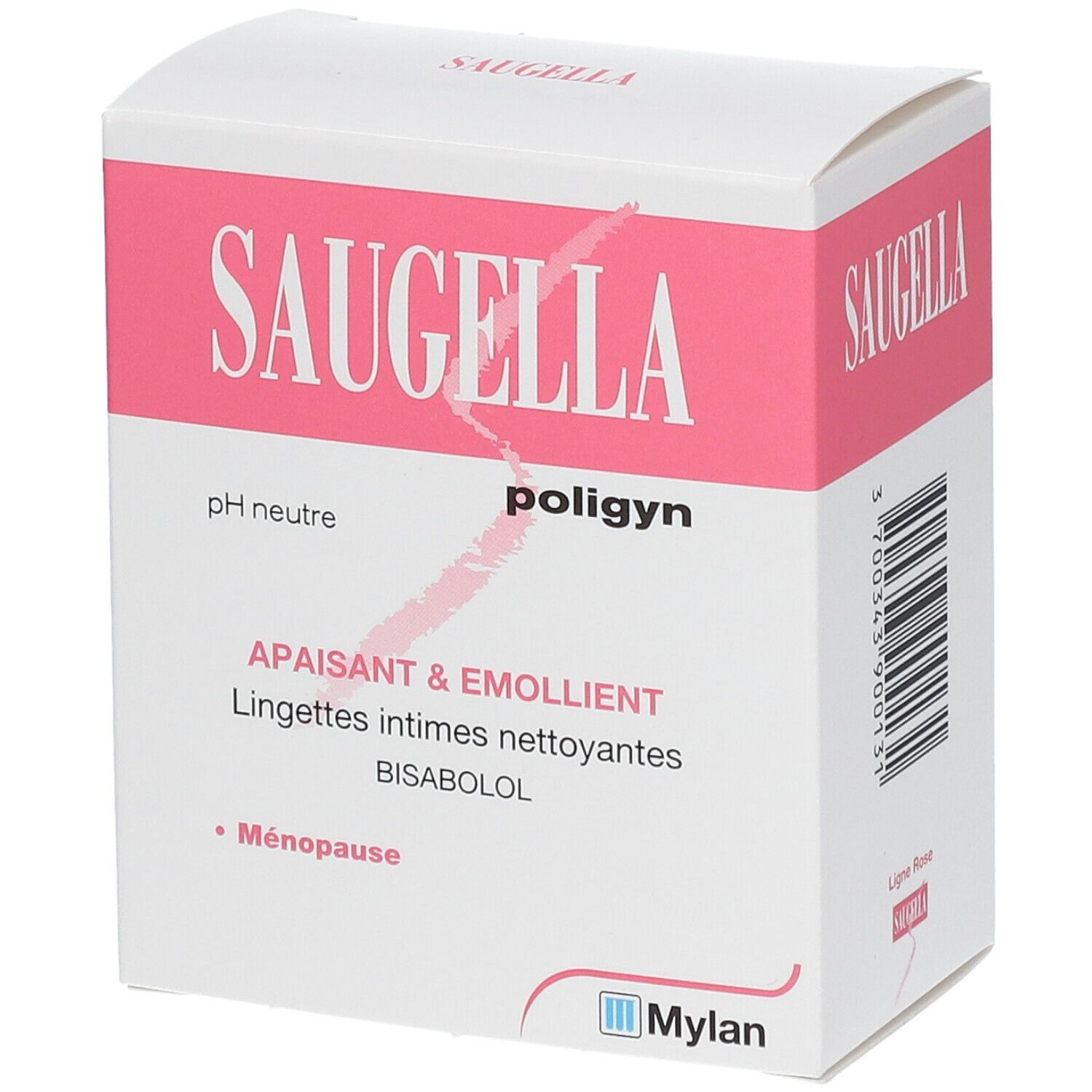 Boîte Saugella Poligyn, rose et blanche. Inscription : pH neutre, apaisant & émollient. Logo Mylan.