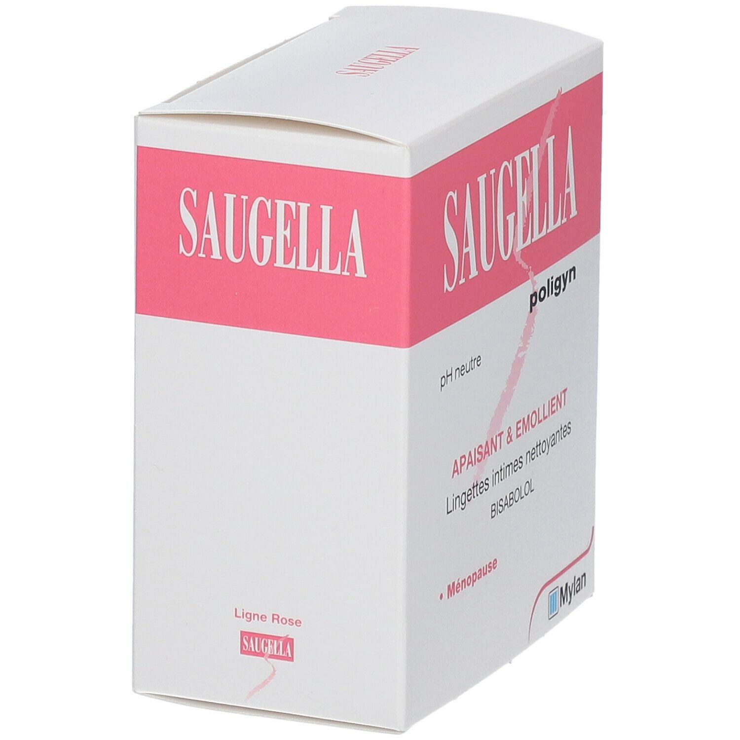 Boîte Saugella Poligyn, rose et blanche. Inscription : pH neutre, apaisant & émollient. Logo Mylan.
