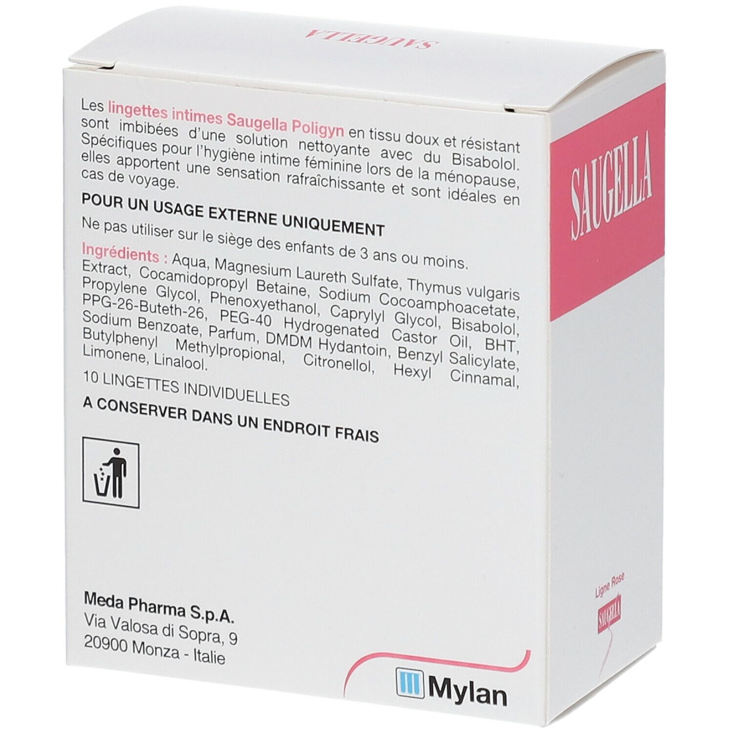 Dos de la boîte Saugella Poligyn. Ingrédients, instructions, 10 lingettes individuelles. Logo Mylan.