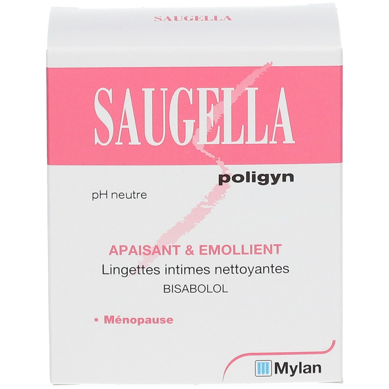 Boîte Saugella Poligyn, rose et blanche. Inscription : pH neutre, apaisant & émollient. Logo Mylan.