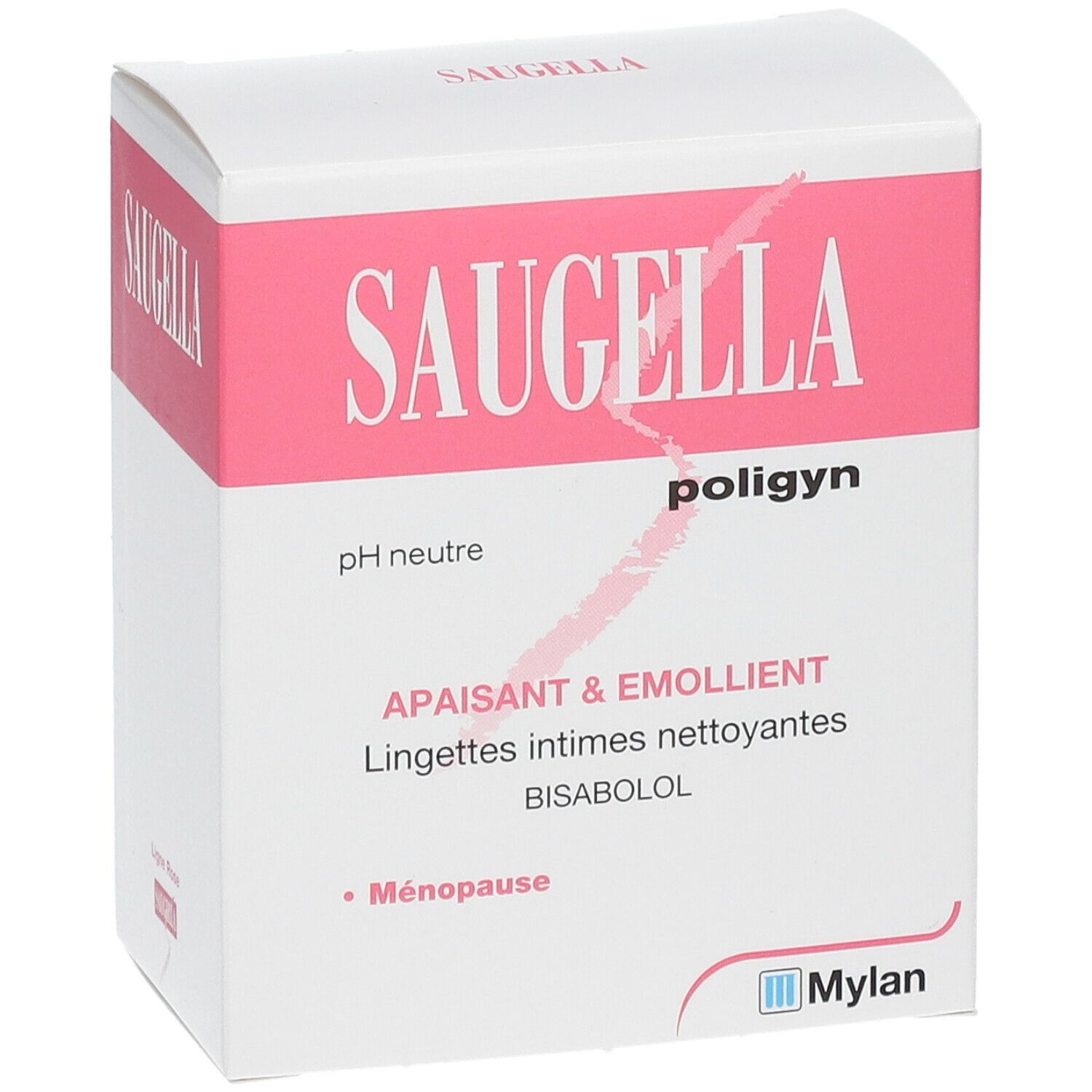 Boîte Saugella Poligyn, rose et blanche. Inscription : pH neutre, apaisant & émollient. Logo Mylan.