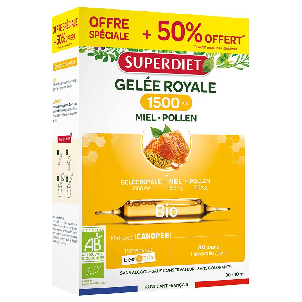 Boîte Superdiet Gelée Royale. Design jaune et blanc avec illustration du produit et texte. Contient 30 ampoules.