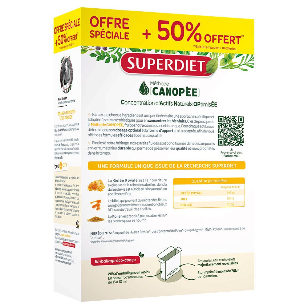 Dos de la boîte Superdiet Gelée Royale. Informations textuelles, ingrédients et code QR. Emballage éco-conçu.