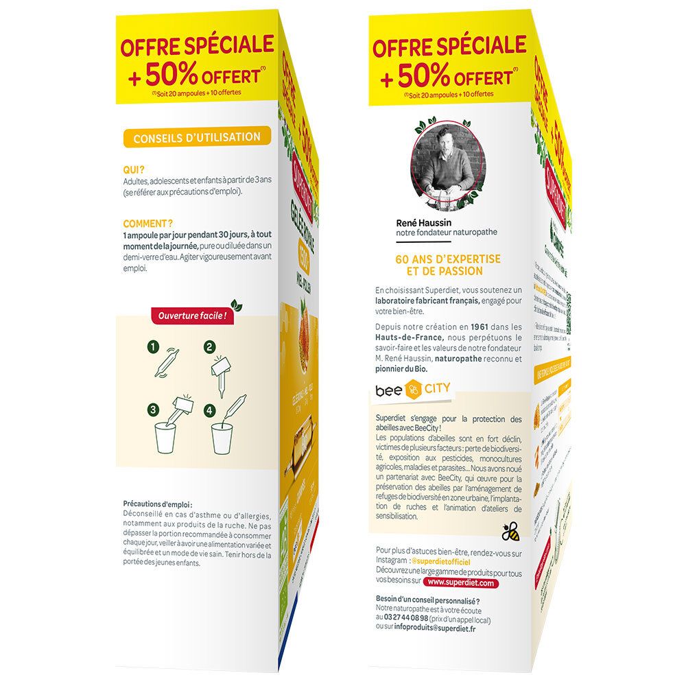 Vue latérale de la boîte Superdiet Gelée Royale. Informations d'utilisation et fabricant. Logo Bee City.