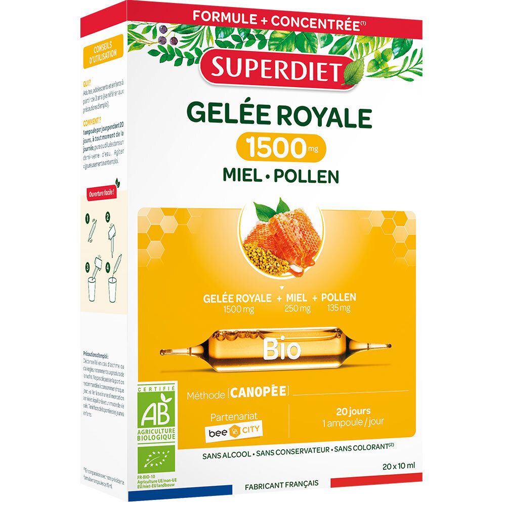 GELÉE ROYALE 1500MG MIEL POLLEN  BIO  - 20 ampoules de 10 ml