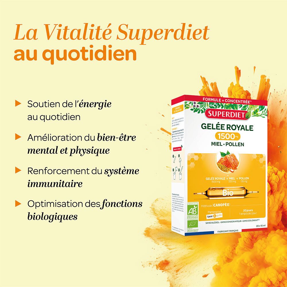 GELÉE ROYALE 1500MG MIEL POLLEN  BIO  - 20 ampoules de 10 ml