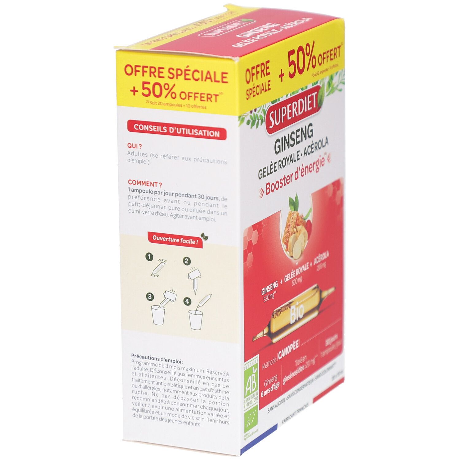Côté de la boîte Super Diet Ginseng Gelée Royale Acérola Bio. Instructions d'utilisation et informations produit.