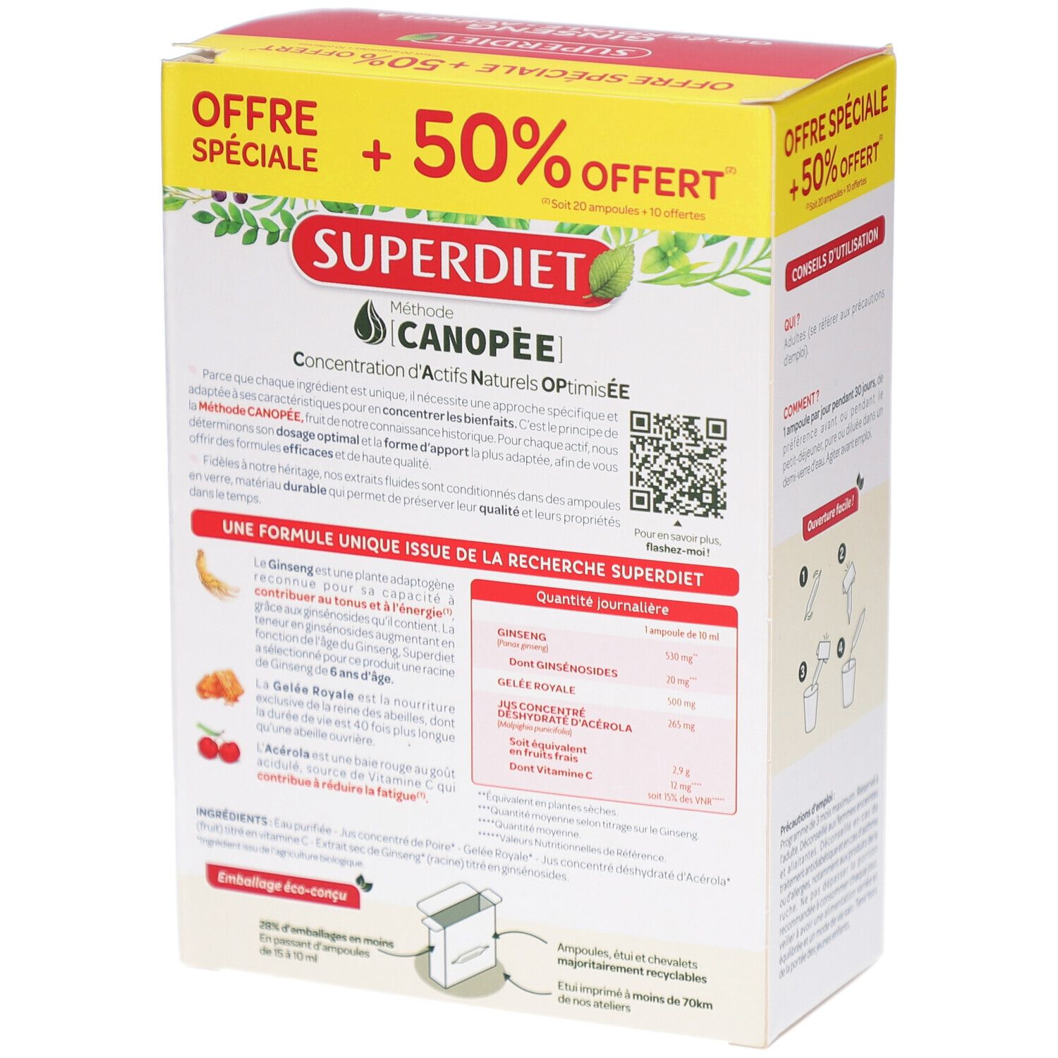 Dos de la boîte Super Diet Ginseng Gelée Royale Acérola Bio. Informations sur les ingrédients et le dosage.