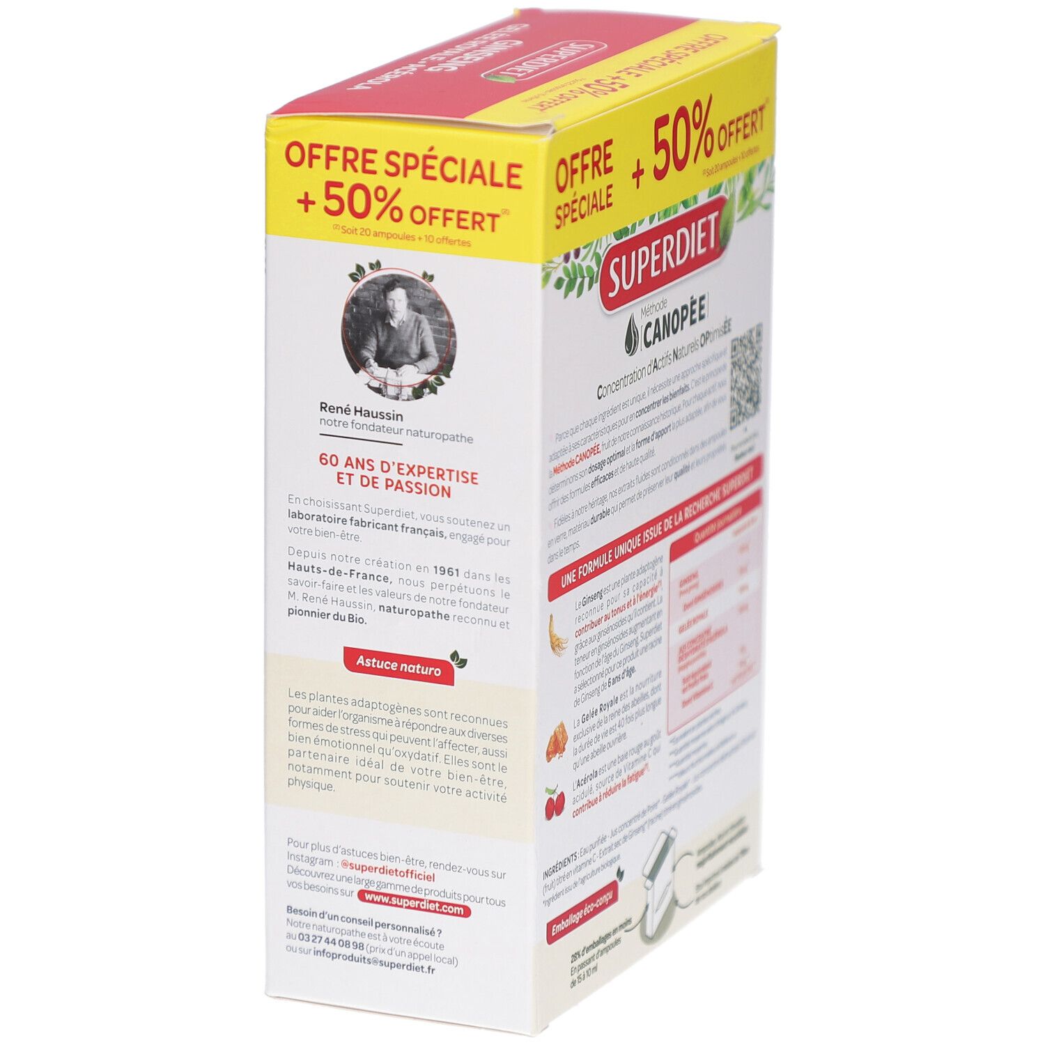 Côté de la boîte Super Diet Ginseng Gelée Royale Acérola Bio. Logo, texte et informations.