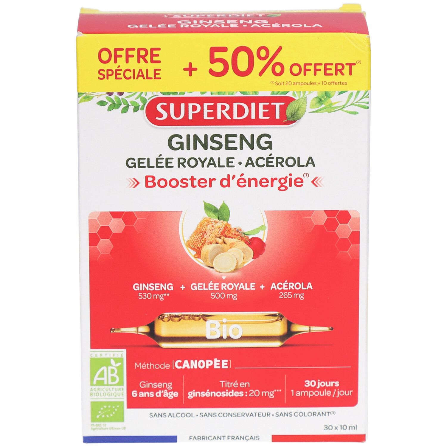 Face avant de la boîte Super Diet Ginseng Gelée Royale Acérola Bio. Boîte rouge avec informations et logo.