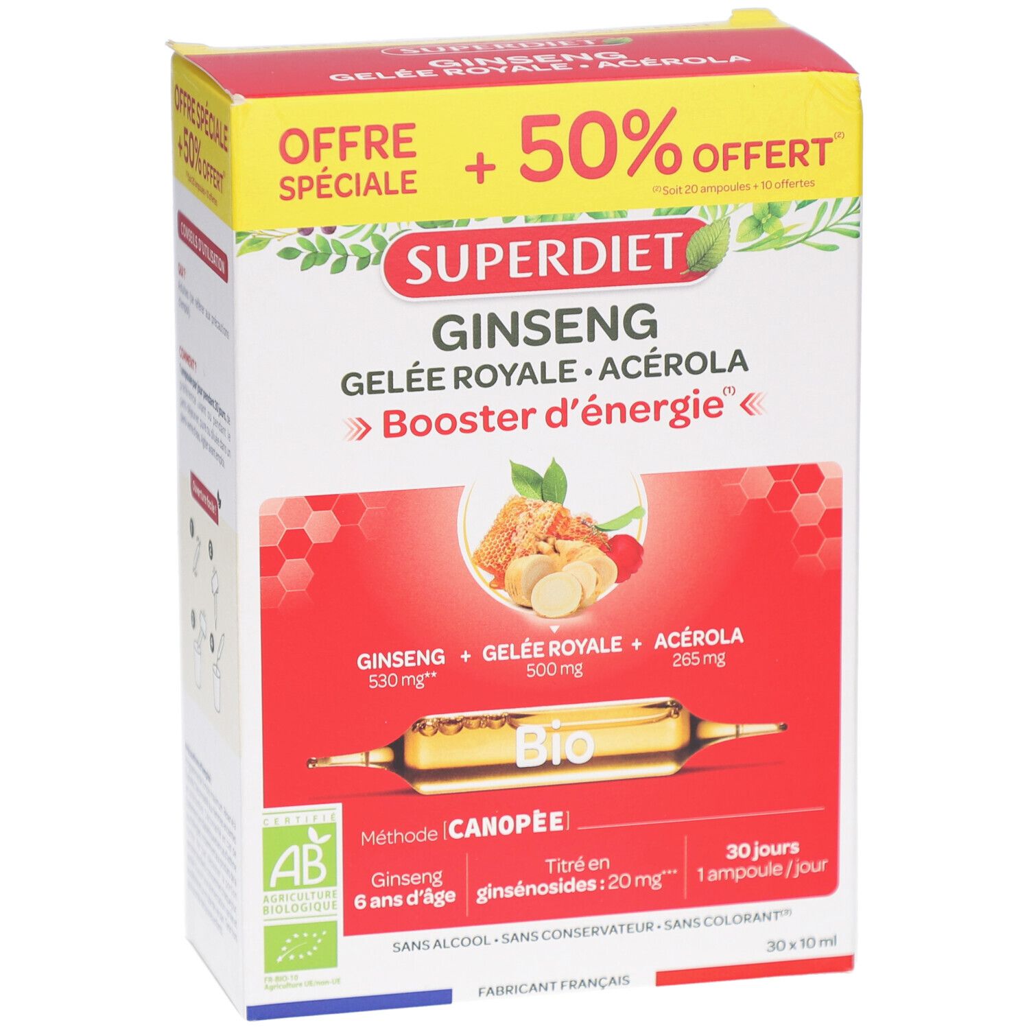 Face avant de la boîte Super Diet Ginseng Gelée Royale Acérola Bio. Boîte rouge avec informations et logo.