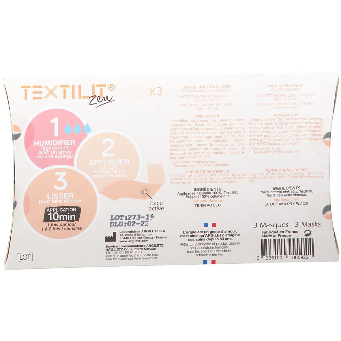 Emballage Textilit Zen. Masque yeux à l'argile rose. 3 masques. Instructions d'utilisation et ingrédients.