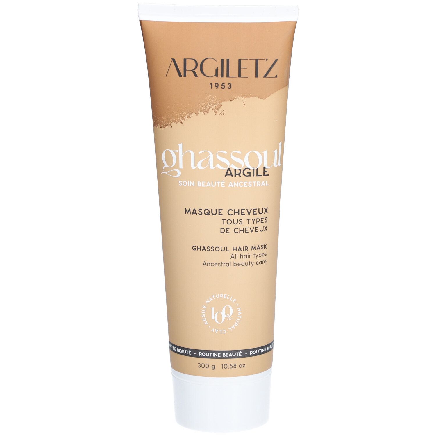 Tube beige Argiletz Ghassoul. Texte: Masque Cheveux, Tous Types de Cheveux. Logo 1953. Inscription en bas: 300 g.
