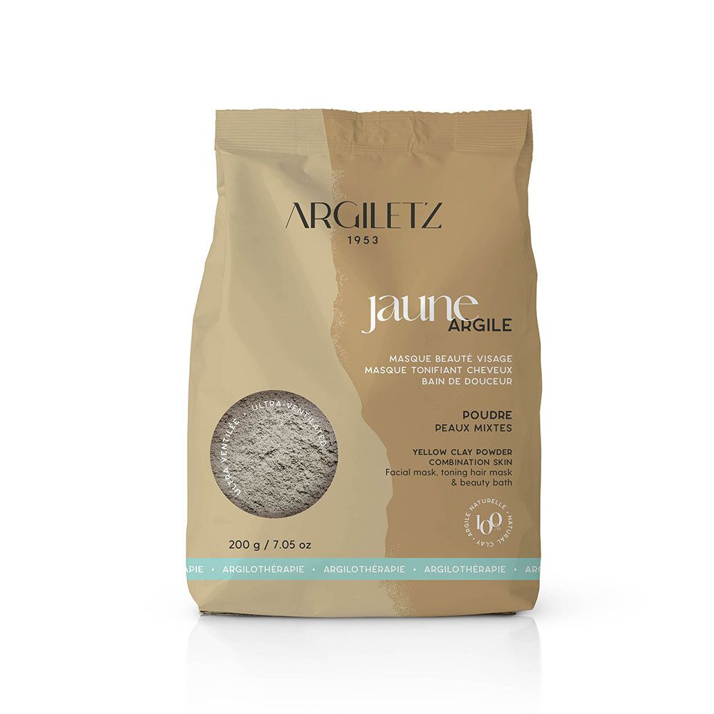 Sachet de poudre d'argile jaune. Inscriptions: Argiletz, jaune argile. 200 g. Pour peaux mixtes, masque facial, bain de douceur.