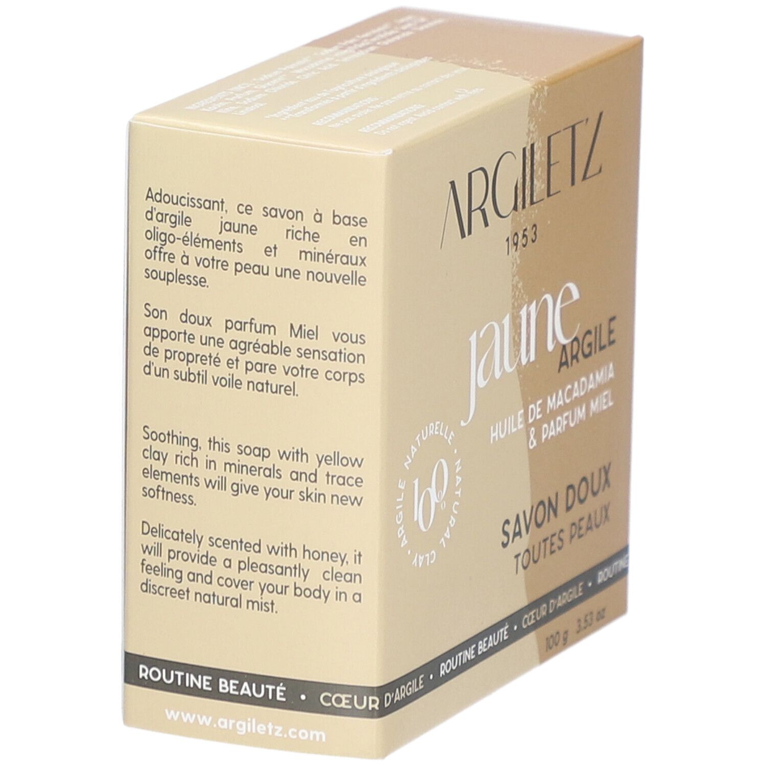 Boîte en carton avec informations produit. Texte en français. Inscription: Argiletz, jaune argile, huile de macadamia & parfum miel, Savon doux.