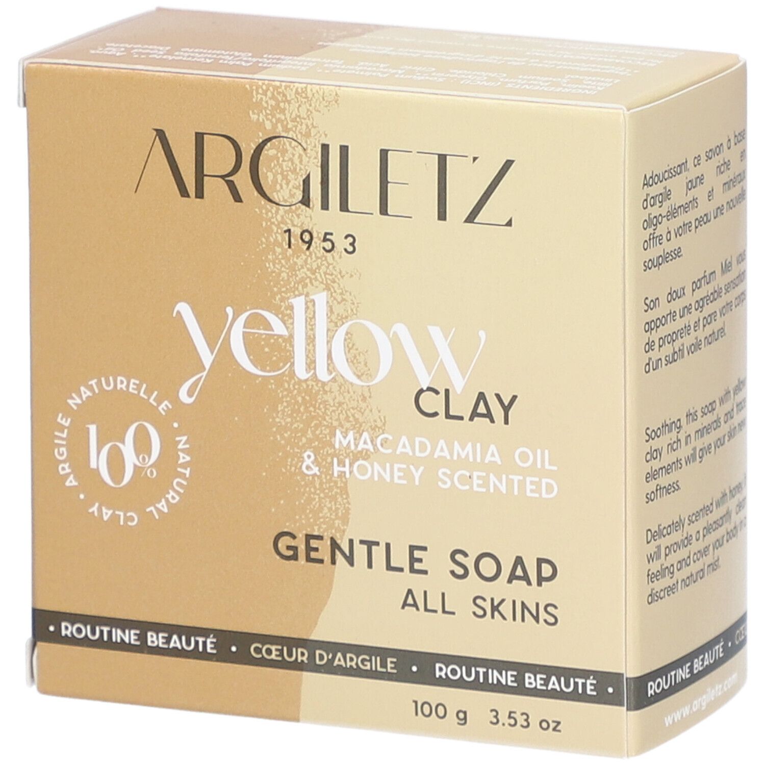 Boîte en carton avec informations produit. Inscription: Argiletz, yellow clay, macadamia oil & honey scented, gentle soap, all skins.