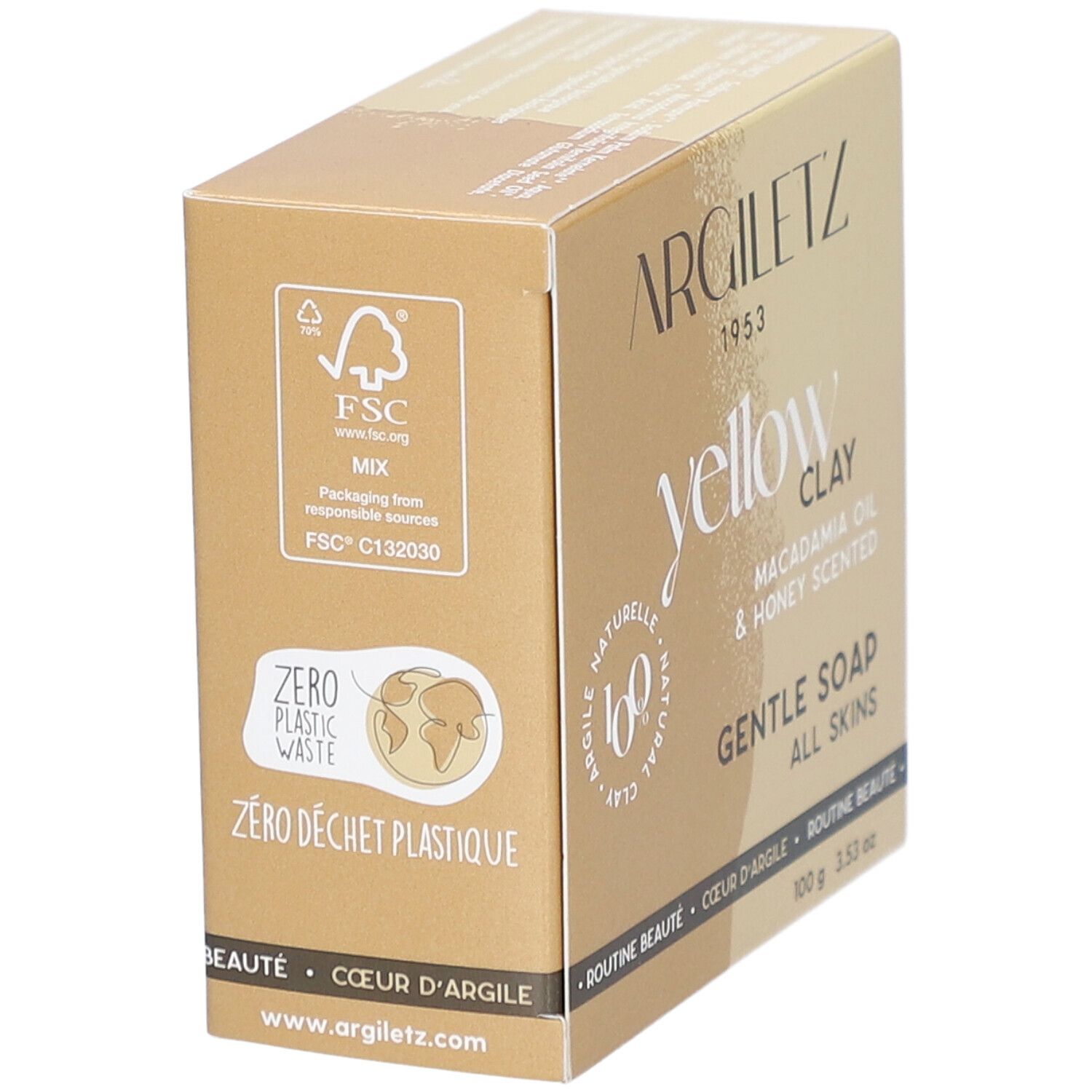 Boîte en carton avec informations produit. Inscription: Argiletz, yellow clay, macadamia oil & honey scented, gentle soap, all skins. Logo FSC.