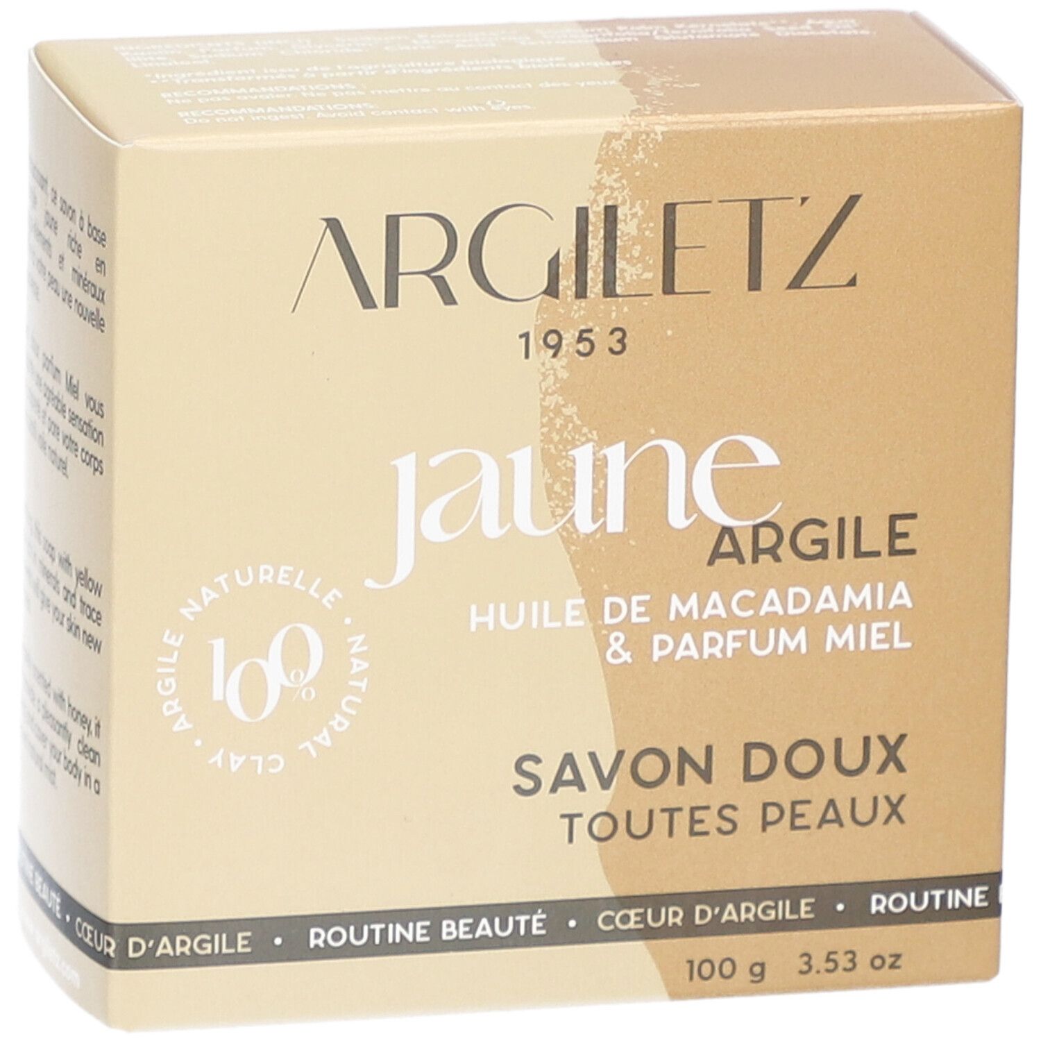 Boîte en carton avec informations produit. Inscription: Argiletz, jaune argile, huile de macadamia & parfum miel, Savon doux, toutes peaux.