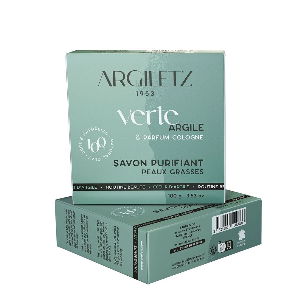 Deux boîtes vertes. Inscription: Argiletz, verte Argile & Parfum Cologne. Savon Purifiant Peaux Grasses. 100 g.