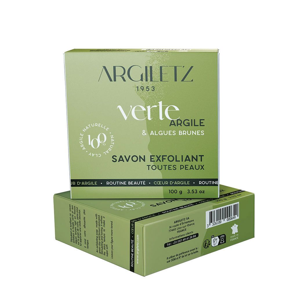 Boîte verte Argiletz. Texte: Verte Argile & Algues brunes, Savon Exfoliant, Toutes Peaux. Argile naturelle 100%. 100 g.