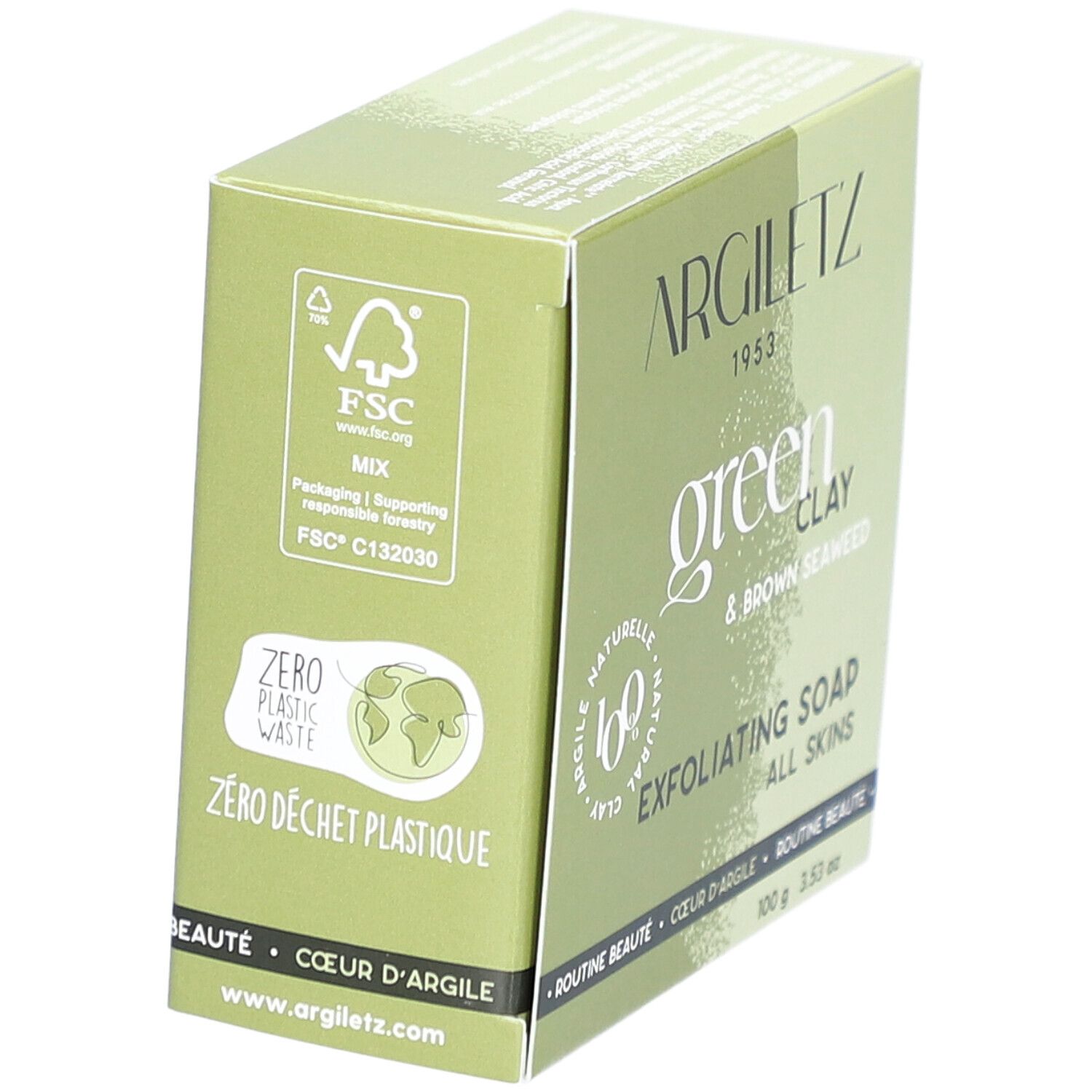 Boîte verte Argiletz. Texte: Green Clay & Brown Seaweed, Exfoliating Soap, All Skins. Labels FSC et Zero Déchet Plastique.