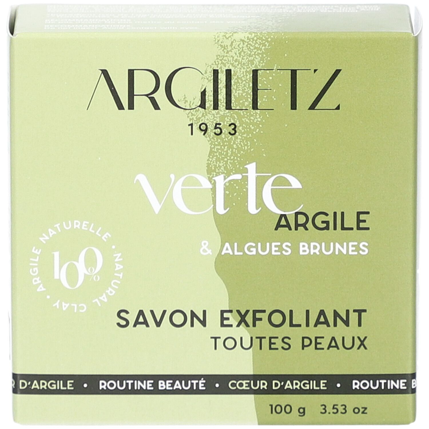Boîte verte Argiletz. Texte: Verte Argile & Algues Brunes, Savon Exfoliant, Toutes Peaux. 100 g.