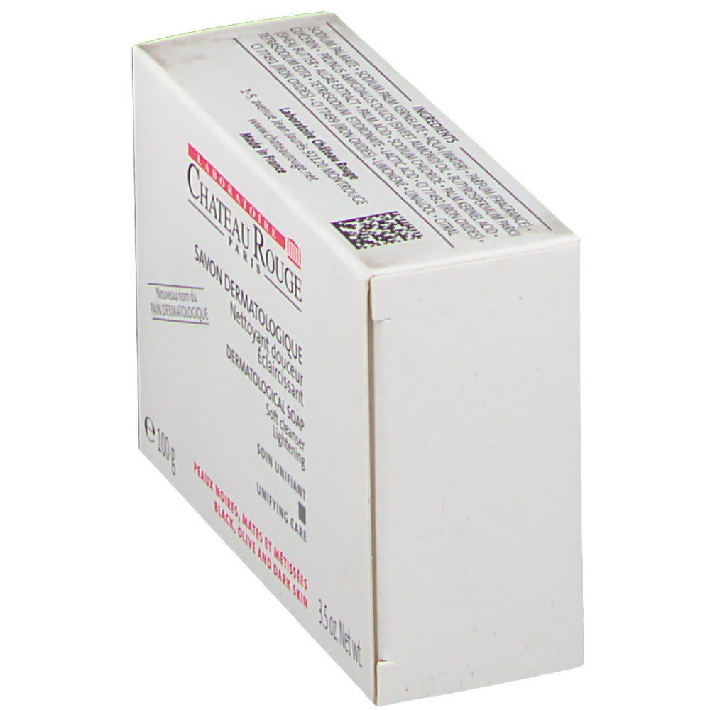 Boîte blanche en biais. Inscription: LABORATOIRE CHÂTEAU ROUGE PARIS, SAVON DERMATOLOGIQUE. 3.5 oz Net Wt.