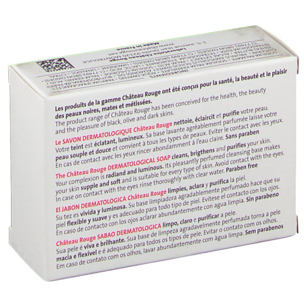 Dos de la boîte blanche. Texte multilingue. Nom du produit: SAVON DERMATOLOGIQUE. Informations sur les ingrédients et l'utilisation.