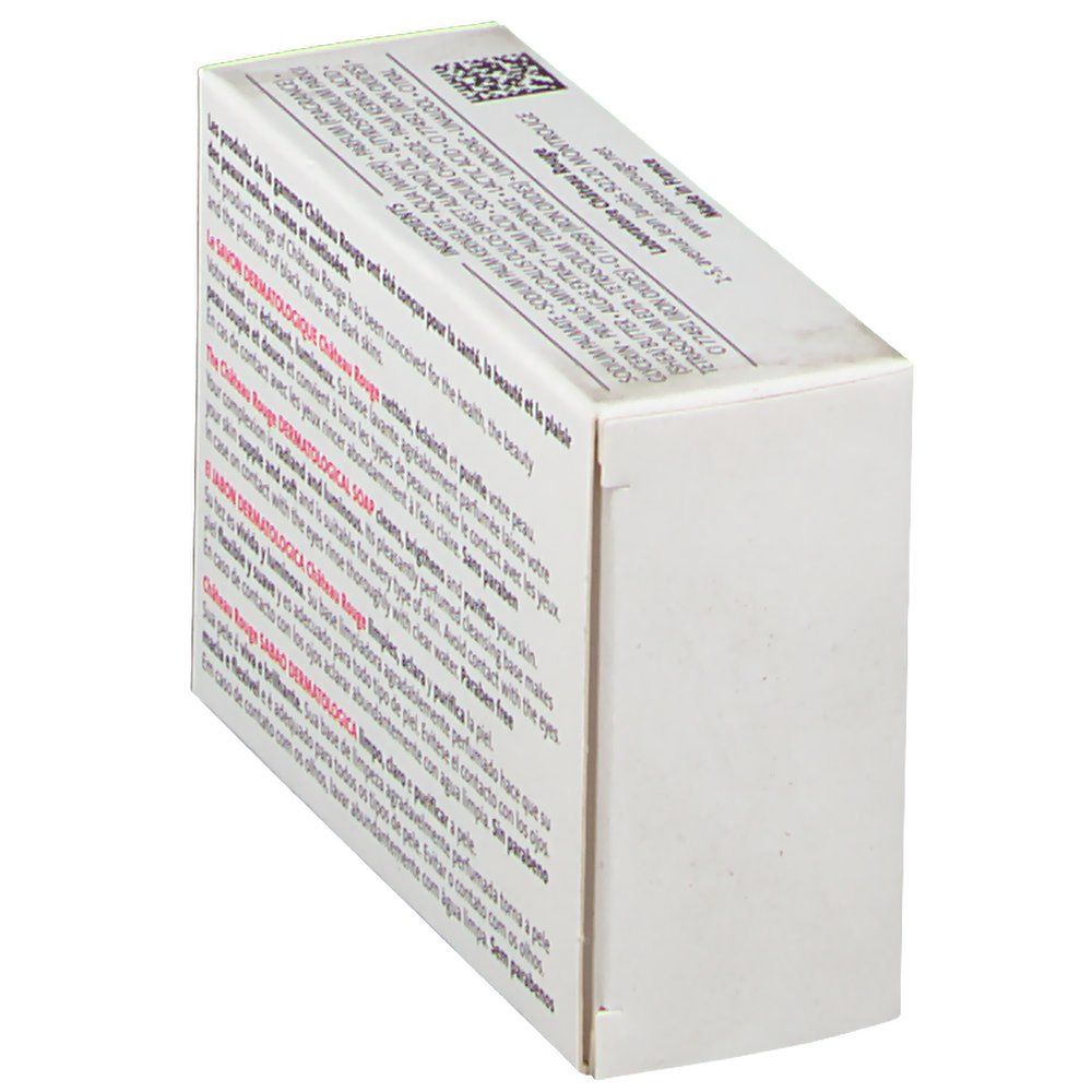 Boîte blanche en biais. Dos avec texte multilingue. Nom du produit: SAVON DERMATOLOGIQUE.