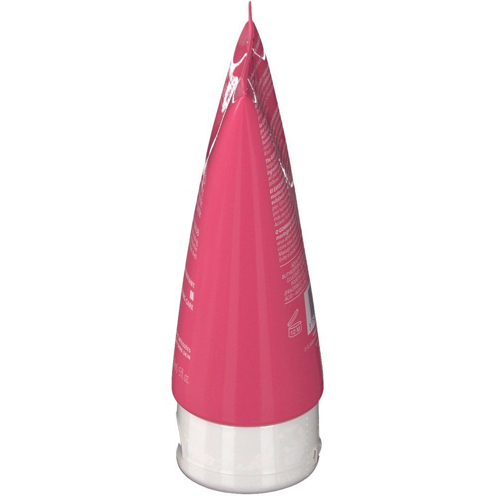 Tube rose, vue de dessous. Bouchon blanc. Inscription illisible.