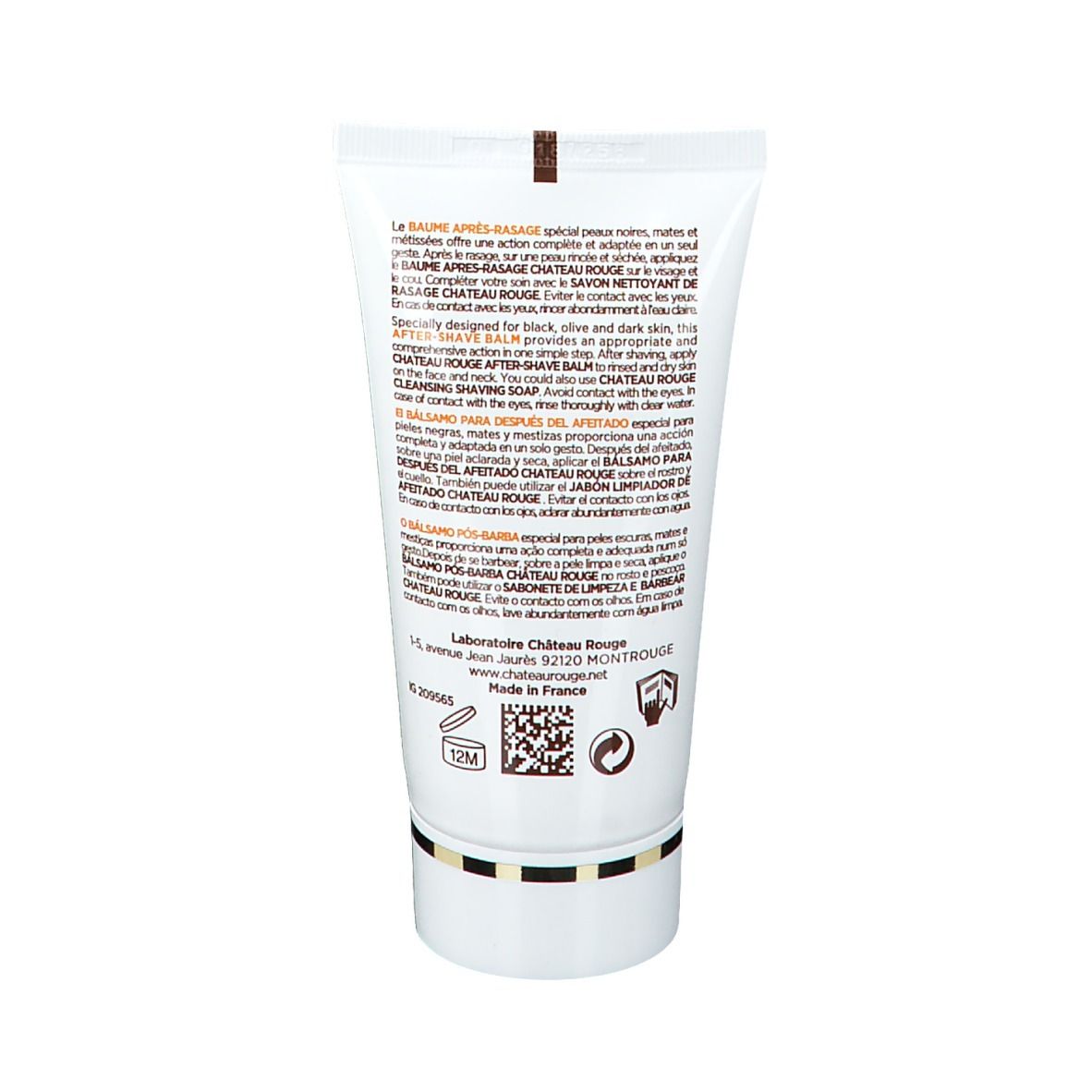 Dos du tube. Texte multilingue. Logo et informations Château Rouge.