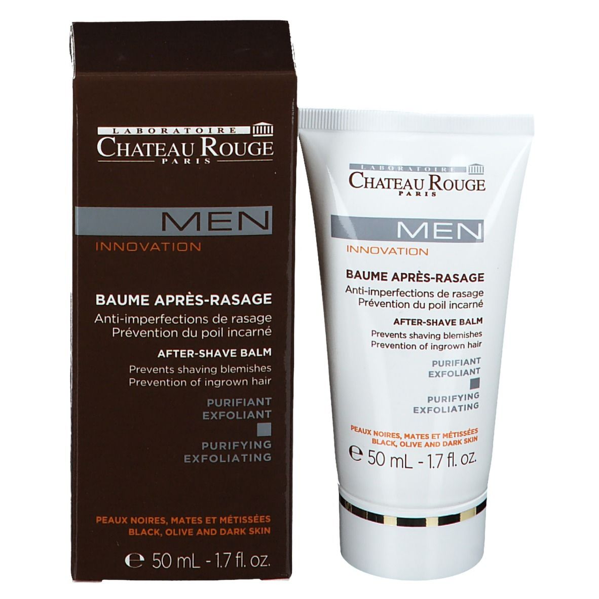 Emballage et tube. Inscription: Château Rouge, Men, Baume Après-Rasage. 50 ml.