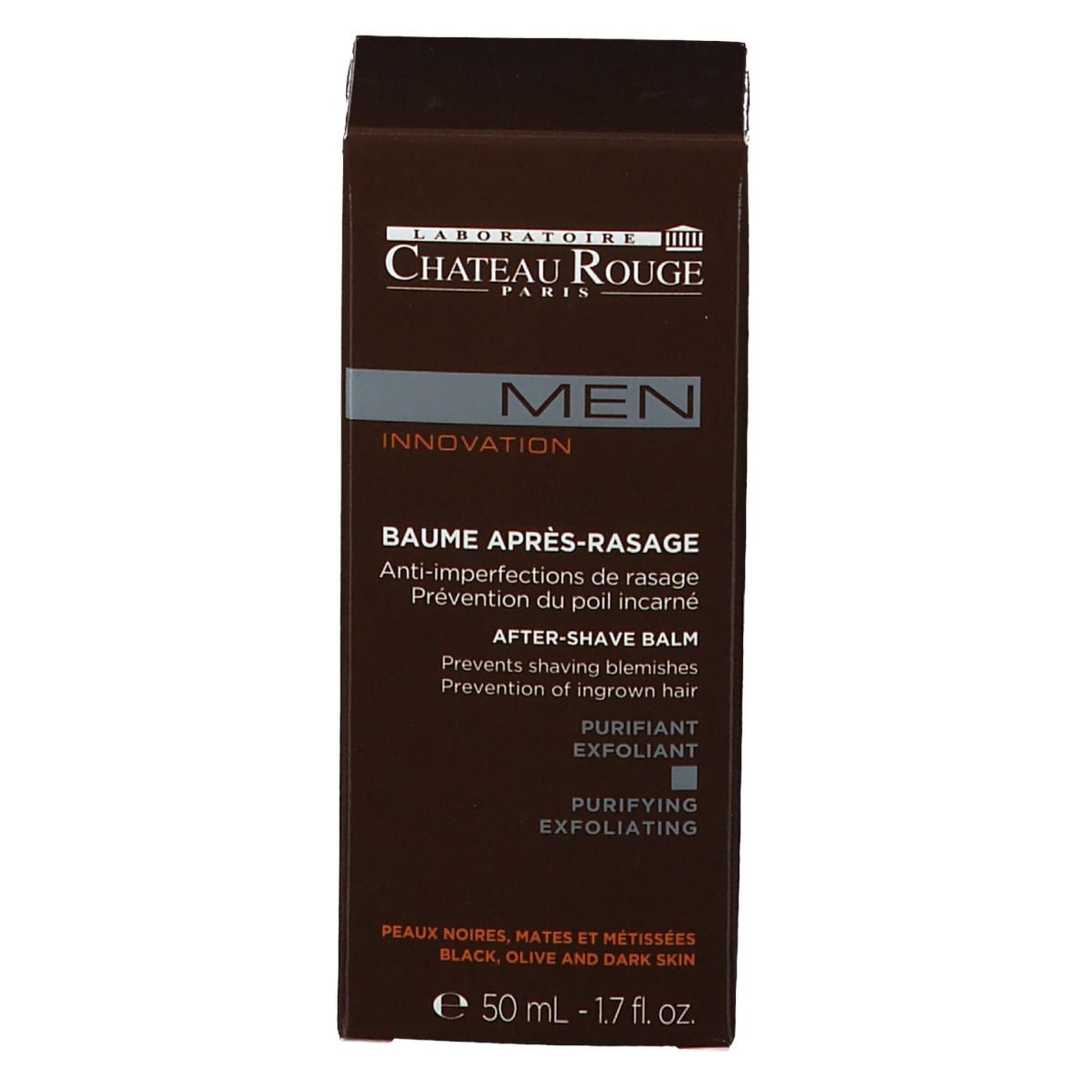 Emballage marron. Inscription: Château Rouge, Men, Baume Après-Rasage. 50 ml.