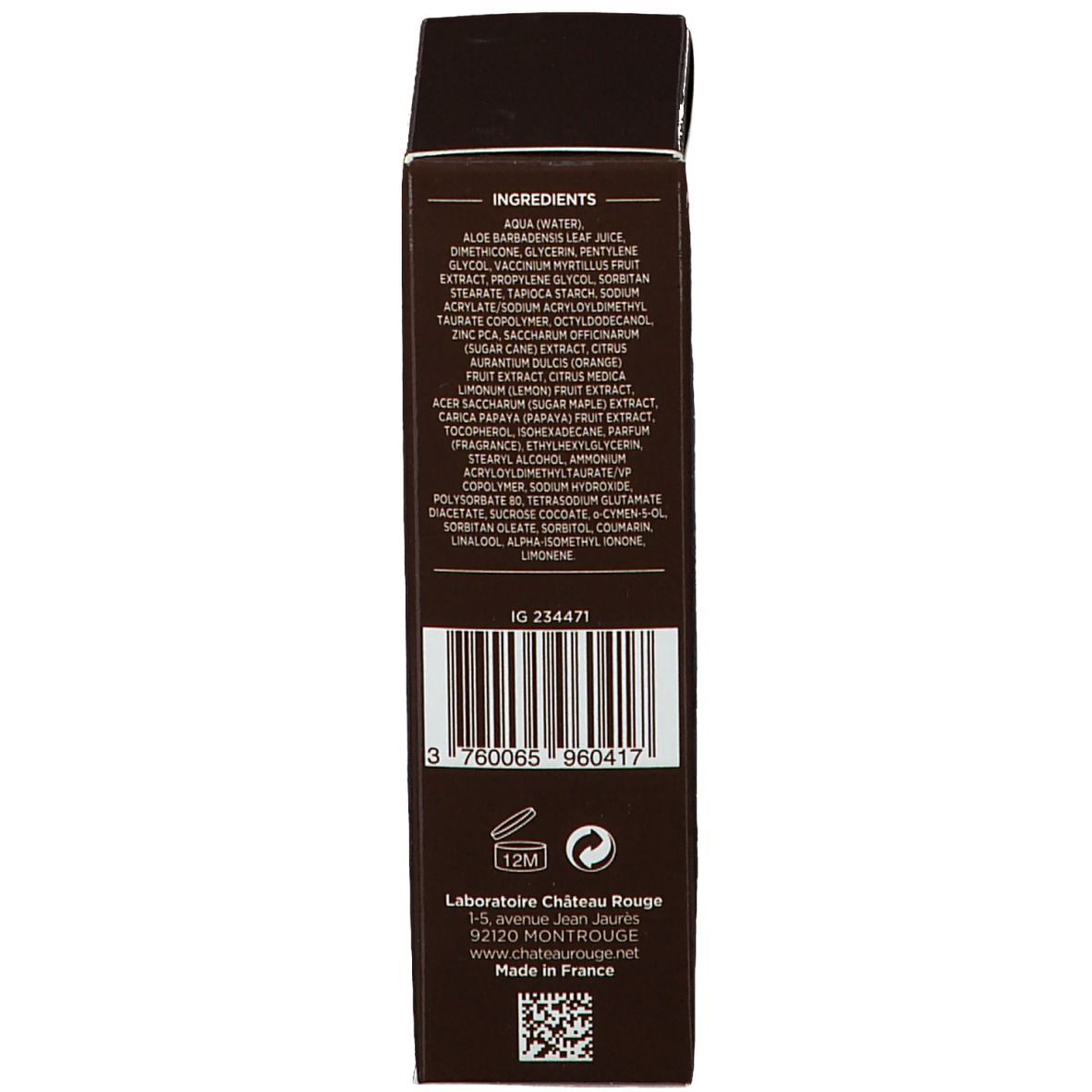 Dos de l'emballage. Liste des ingrédients. Informations Château Rouge.