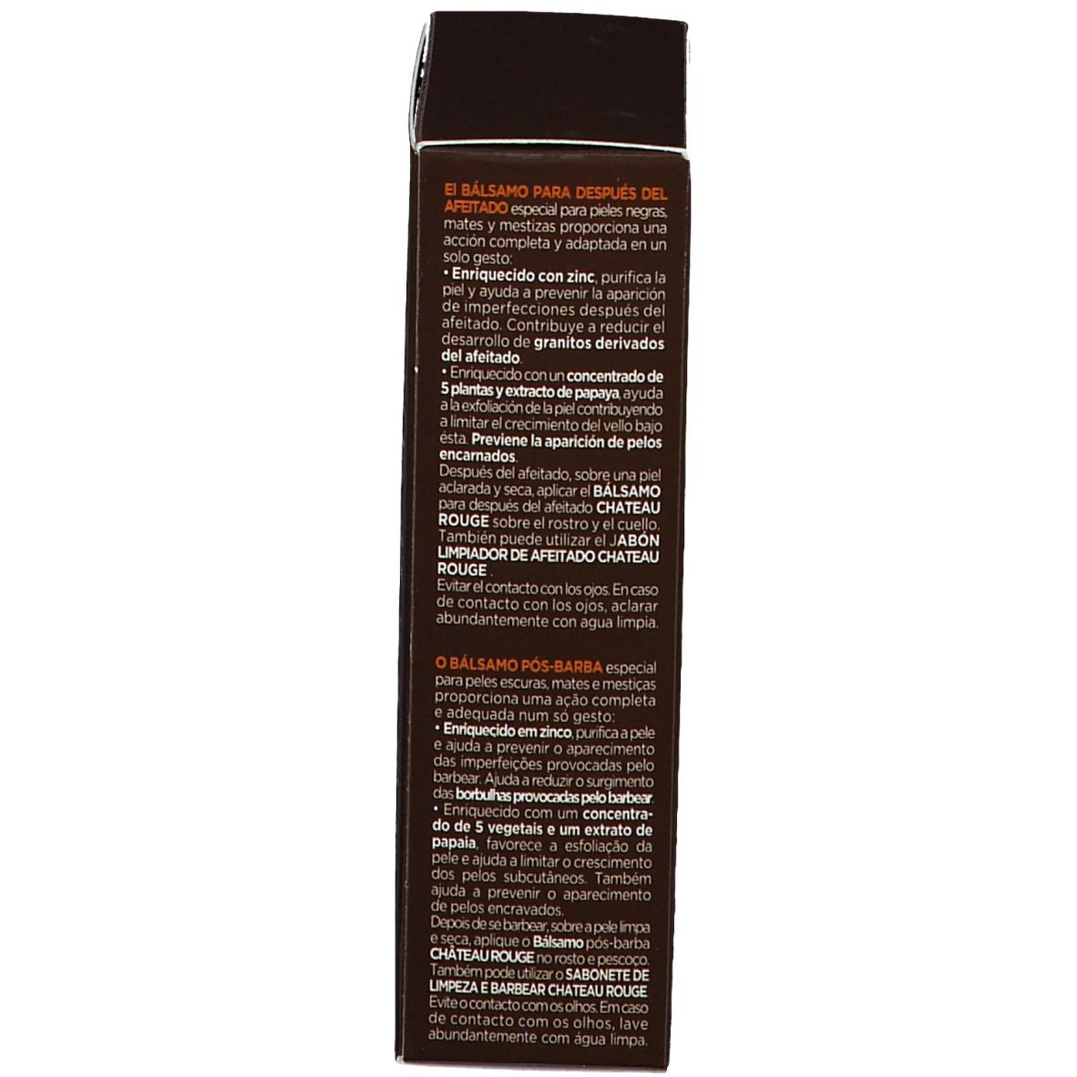 Dos de l'emballage. Description du produit en espagnol. Informations Château Rouge.