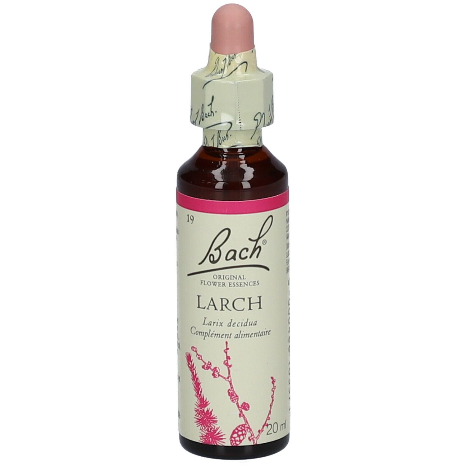 Flacon en verre brun avec étiquette rose. Bouchon compte-gouttes. Texte : Bach Original Flower Essences, Larch, Larix decidua.