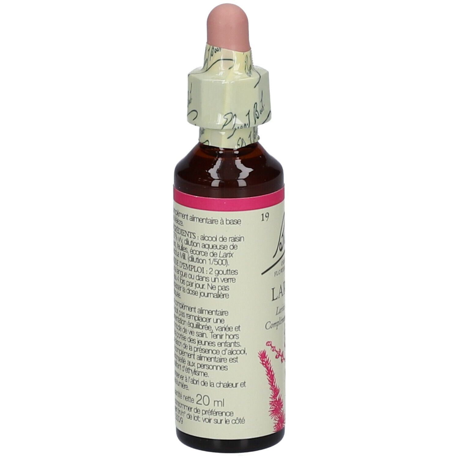 Flacon en verre brun avec étiquette rose. Texte : Larch, Larix decidua, Complément alimentaire à base d'alcool de raisin.