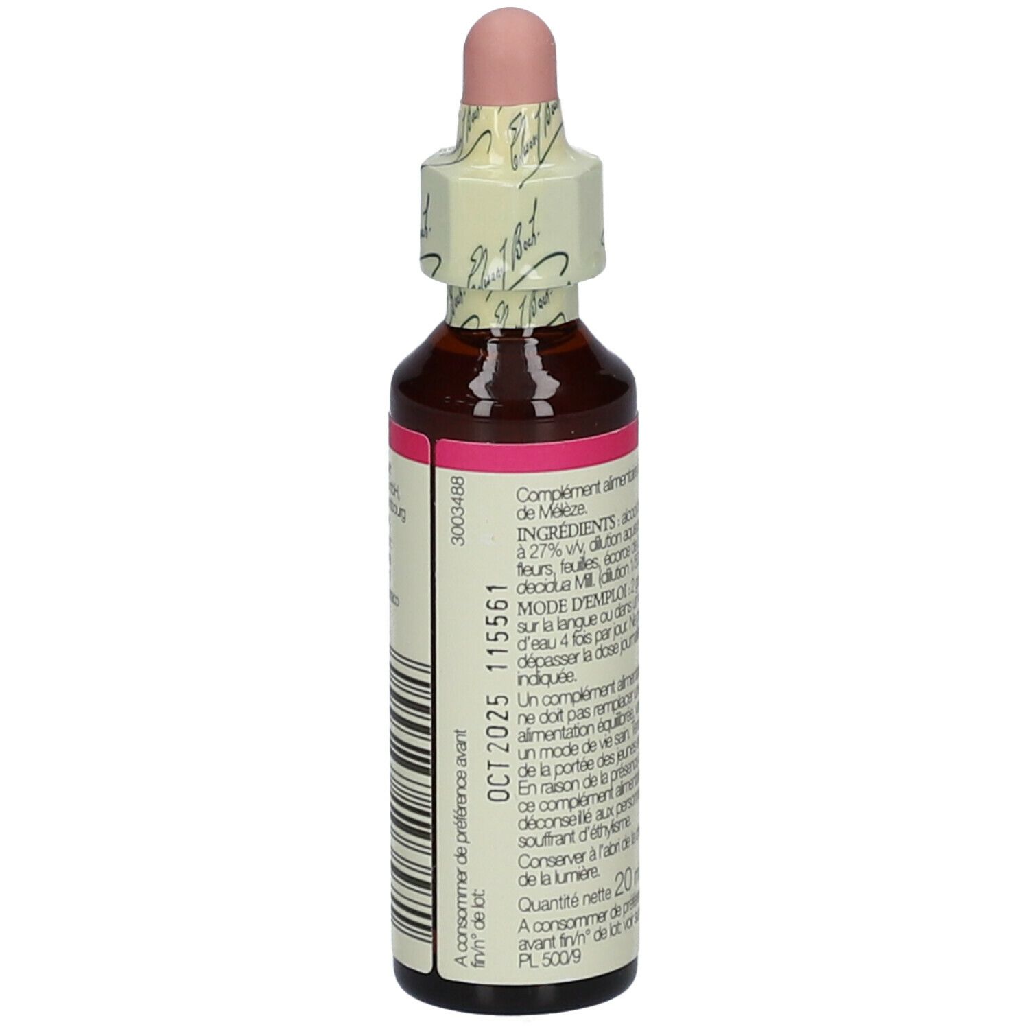 Flacon en verre brun avec étiquette rose. Texte : Complément alimentaire à base de fleurs, feuilles, dilution 1/500, 20 ml.